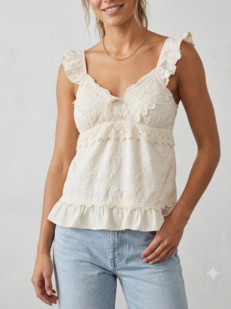 Miye Cottagecore Ivory Eyelet Lace Ruffle Top 100% Cotton Boho Coquette Dollette